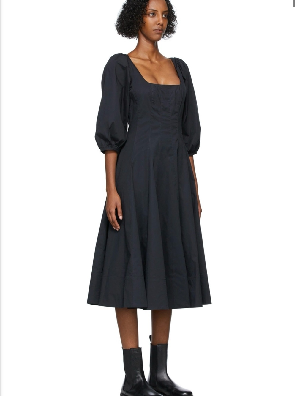 STAUD Swells Black Puff Sleeve Corset Midi Dress Size 10